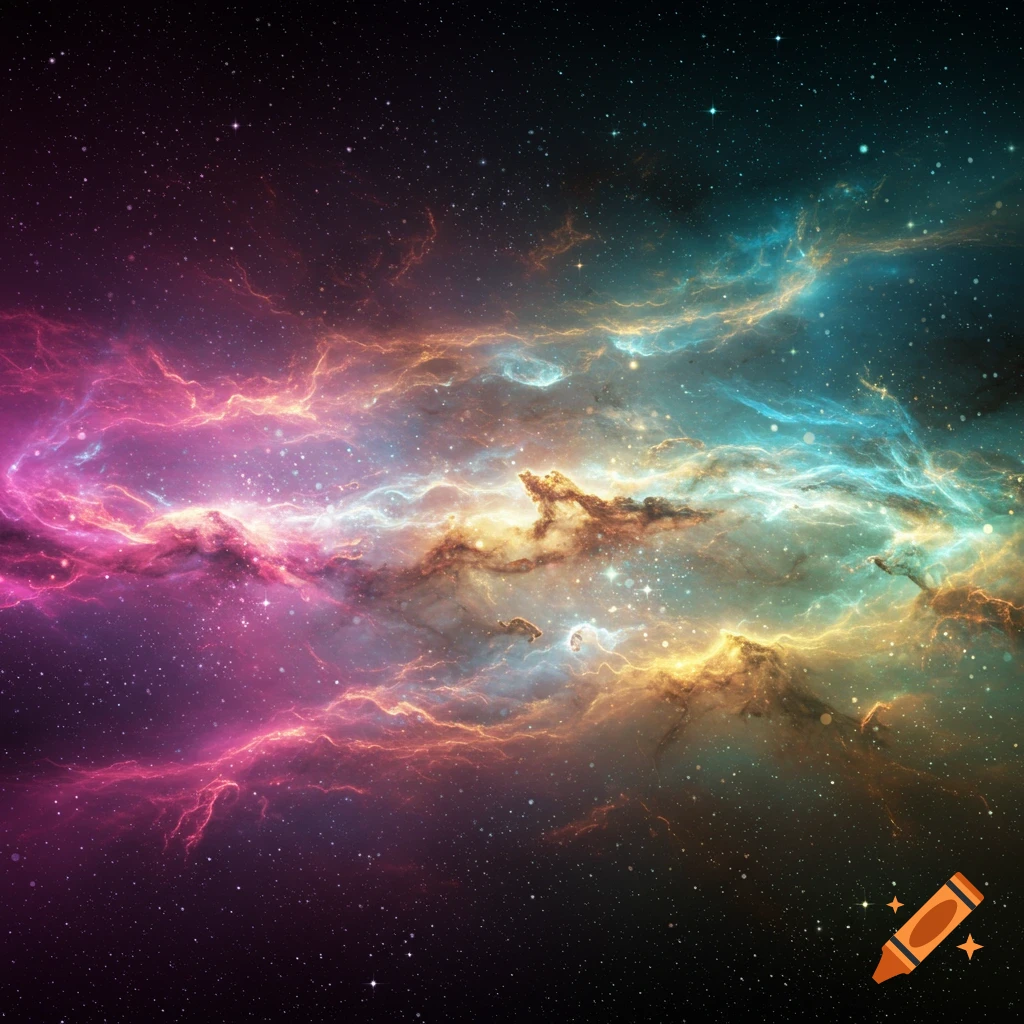 A vibrant cosmic nebula featuring swirling clouds of pink, orange, yellow, and turquoise gas amidst a field of stars.