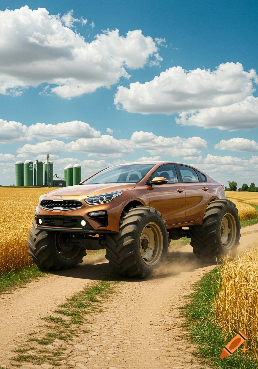 A bronze Kia Cerato sedan with huge tractor wheels drives on a dirt path through a golden wheat field, green silos in the background.