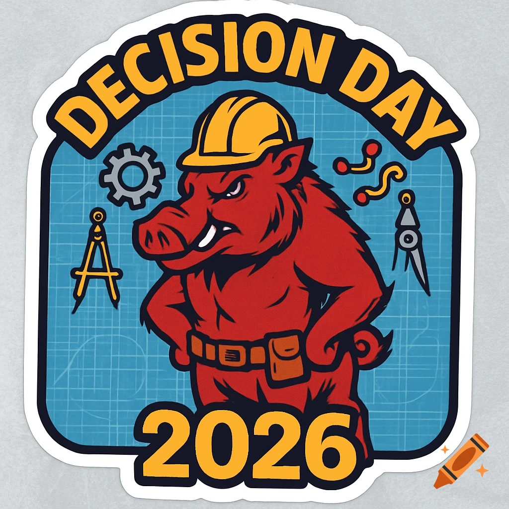 A red cartoon razorback in a yellow hard hat and tool belt stands, surrounded by engineering symbols, on a blue grid background. Yellow text above reads 'DECISION DAY' and below '2026', styled as a sticker.