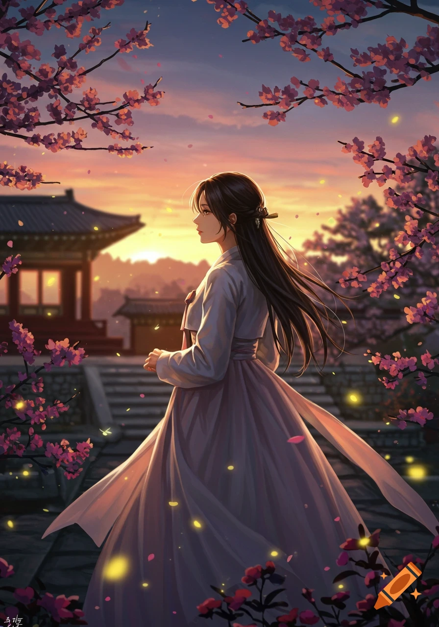 An anime-style illustration of a woman in a white Hanbok standing among blooming cherry blossoms at sunset, with a traditional building in the background.