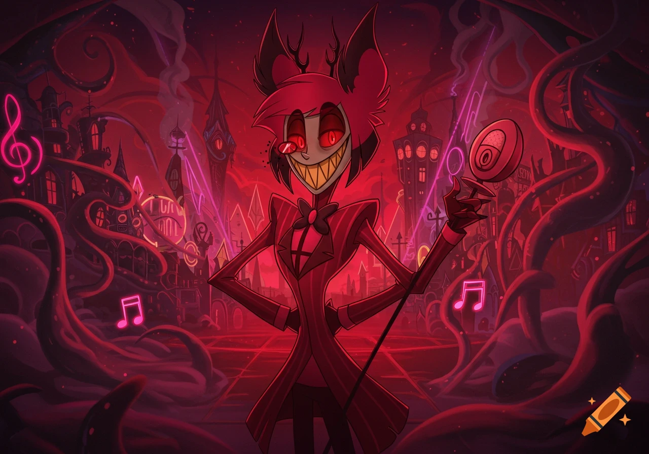 Alastor, a demonic cartoon character with antlers, sharp teeth, and a microphone, stands in a red, smoky, hellish cityscape at night.