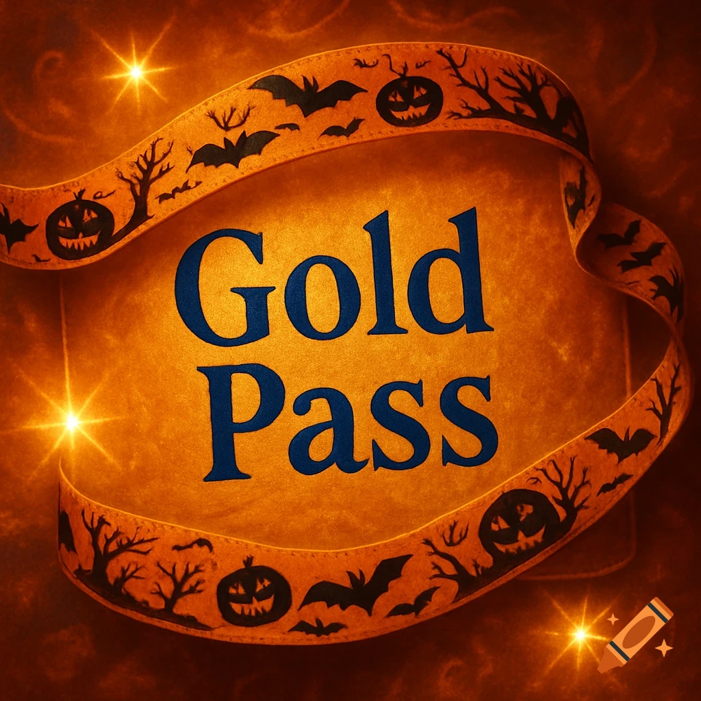 A Halloween-themed 'Gold Pass' image on a warm orange background, framed by a ribbon with pumpkins, bats, and bare trees, accented with bright light flares.