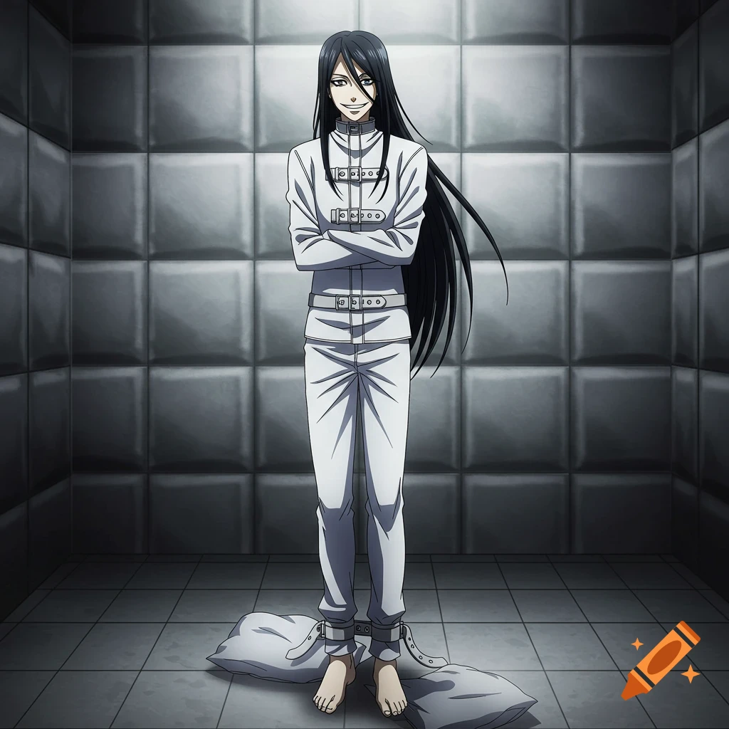 A pale male anime character with long black hair, a grin, and blue eyes, wearing a white straightjacket and white pants, stands barefoot in a padded cell.