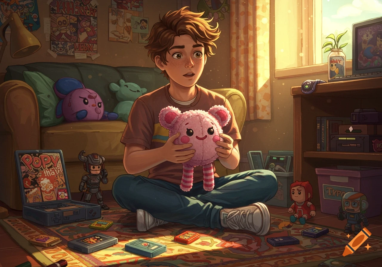 A young boy with brown curly hair sits cross-legged on a rug, holding a pink plush doll, surrounded by various toys in a warm, sunlit room.