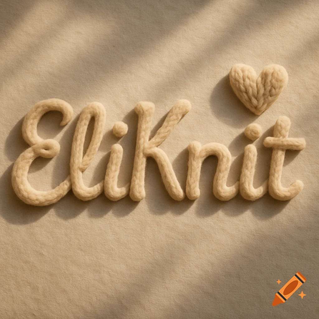 The word 'EliKnit' and a small heart are crafted from soft beige wool yarn on a light fabric background, with warm lighting.