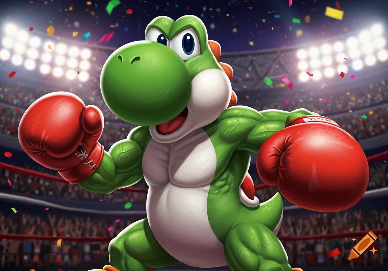 Muscular Yoshi in red boxing gloves poses in a brightly lit boxing ring with confetti falling.