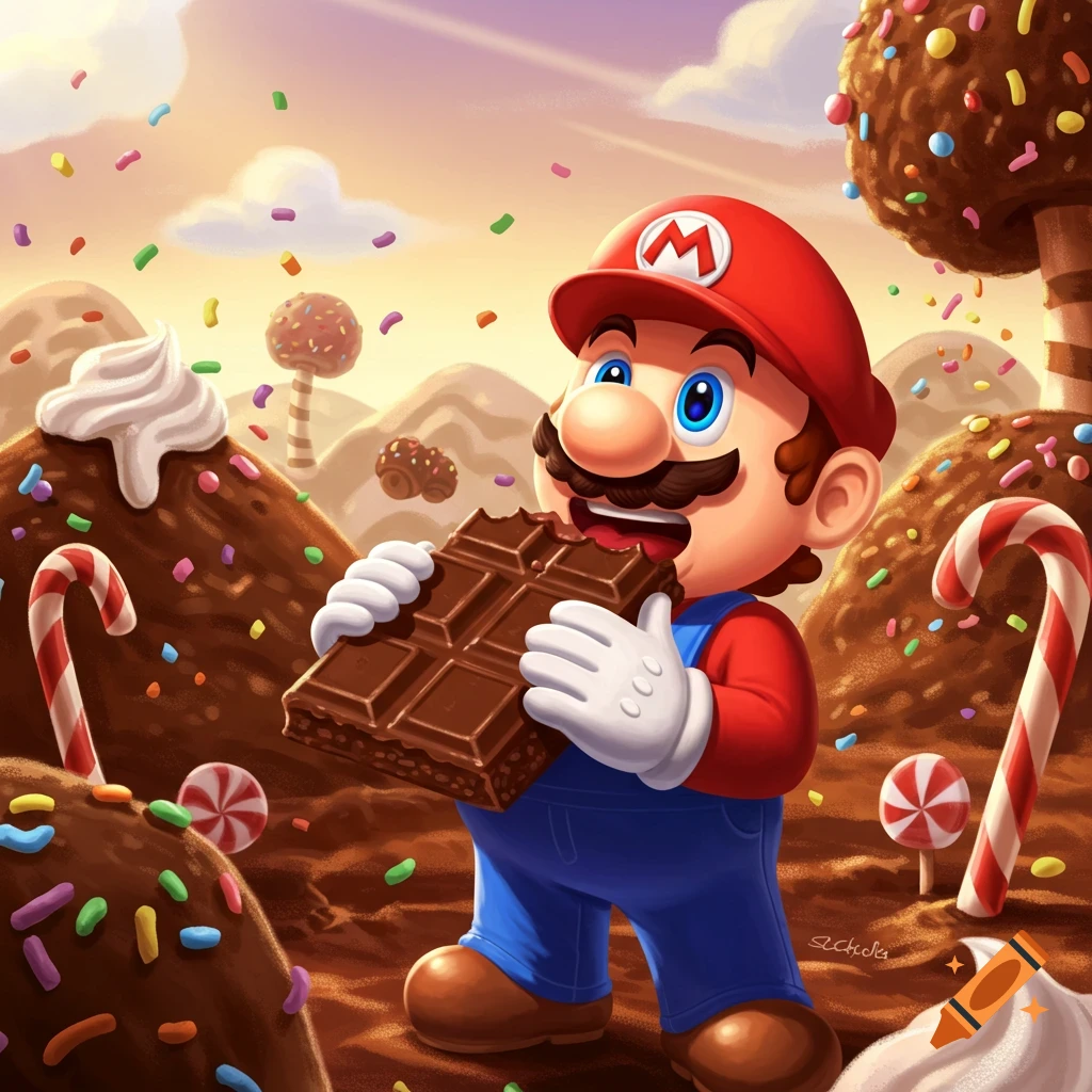 Mario happily eating a large chocolate bar in a colorful candy land filled with chocolate mountains, candy canes, and sprinkles.