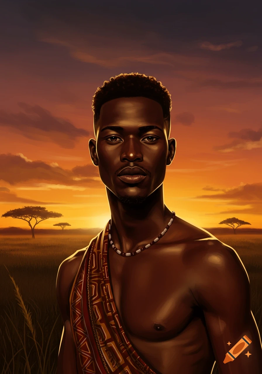 Digital painting of a bare-chested African man with a beaded necklace against a vibrant orange and purple sunset savanna.
