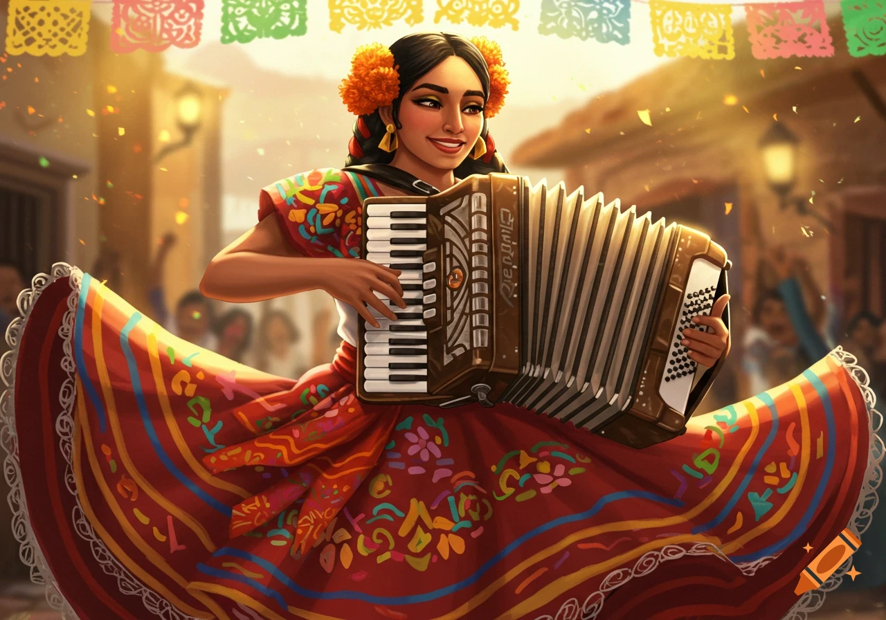 A smiling woman in a vibrant traditional Mexican dress plays an accordion amidst confetti and papel picado in a festive street.
