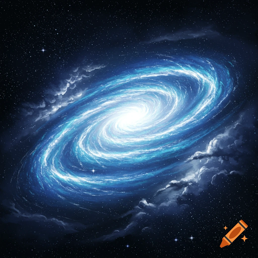 A vibrant blue and white spiral galaxy with a bright core, surrounded by dark space filled with stars and wispy clouds.