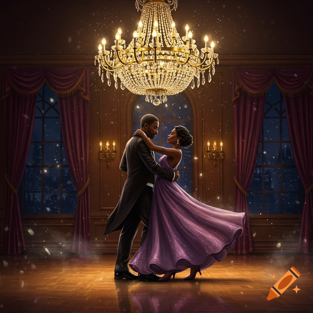 An African American couple in formal wear dances a waltz in an opulent ballroom under a large chandelier, with snow falling outside.
