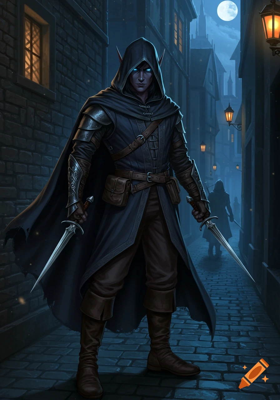 A dark half-elf rogue in a hooded cloak and armor stands in a moonlit alley, holding two daggers.
