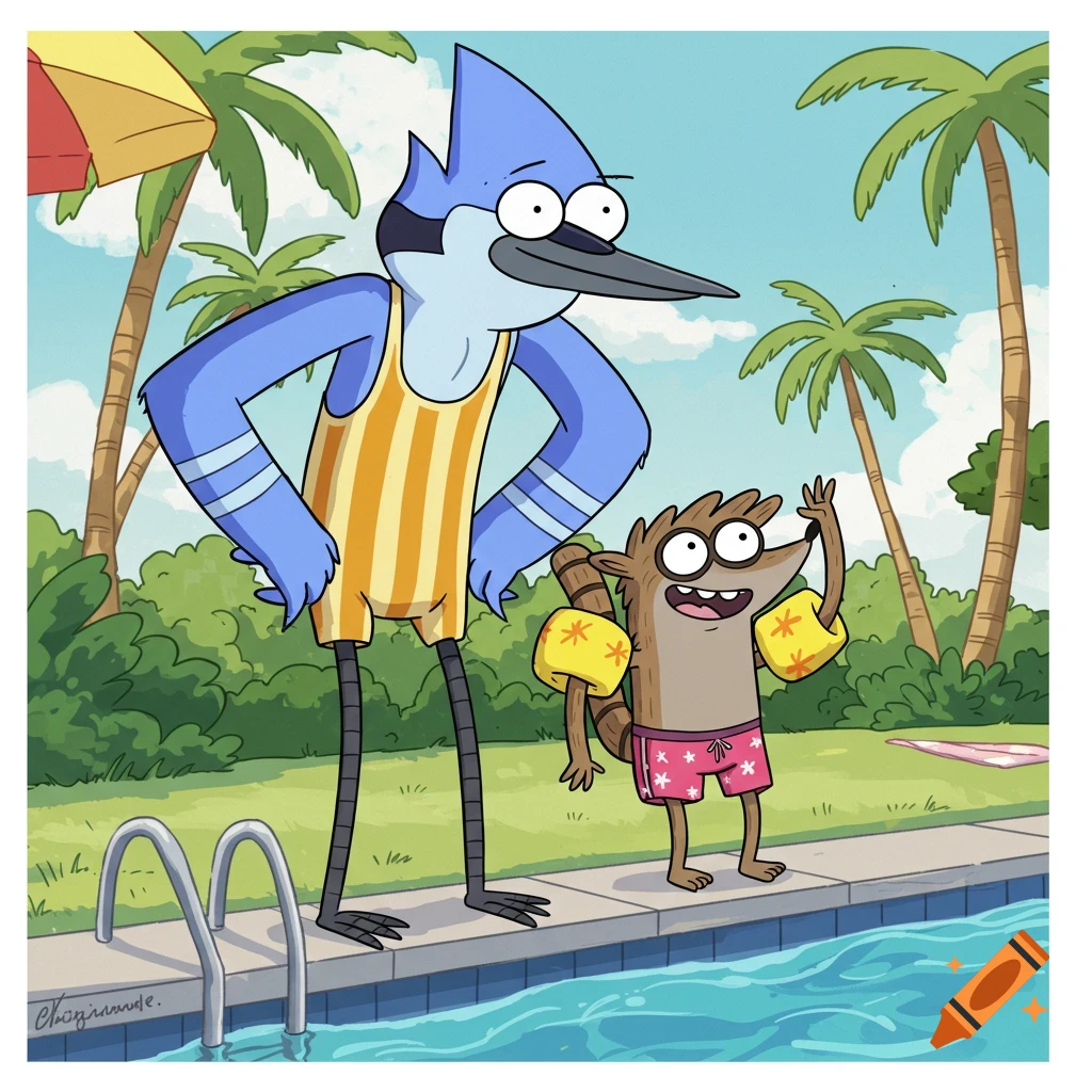 Mordecai in a yellow striped bathing suit and Rigby in pink swim trunks with water wings stand by a pool under palm trees, cartoon style.
