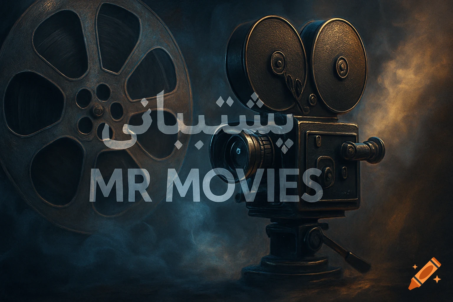 A vintage film reel and a classic cinema camera in a dark, smoky setting, with "MR MOVIES" text.