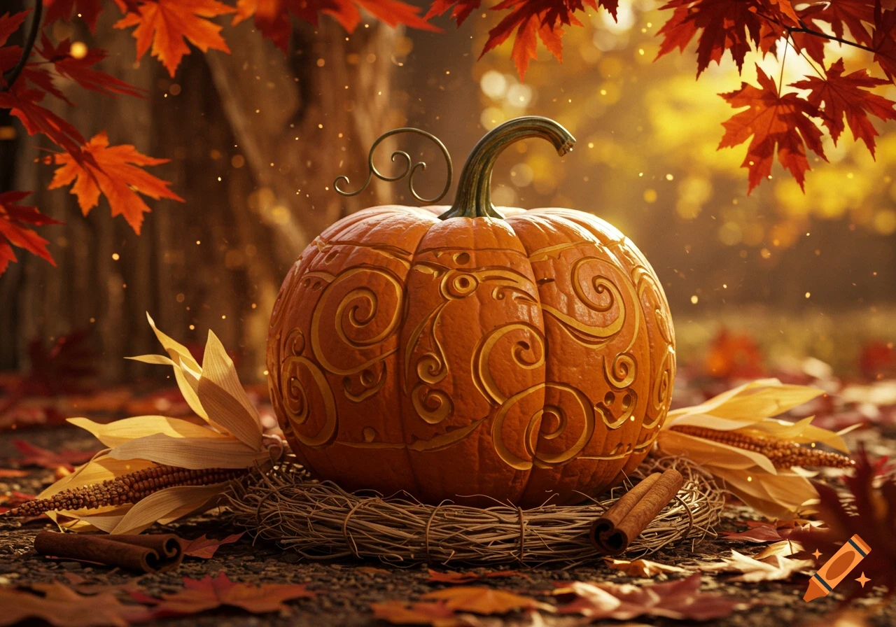 A decorative pumpkin with carved swirls rests on a twig nest, surrounded by autumn leaves, corn, and cinnamon sticks in golden light.