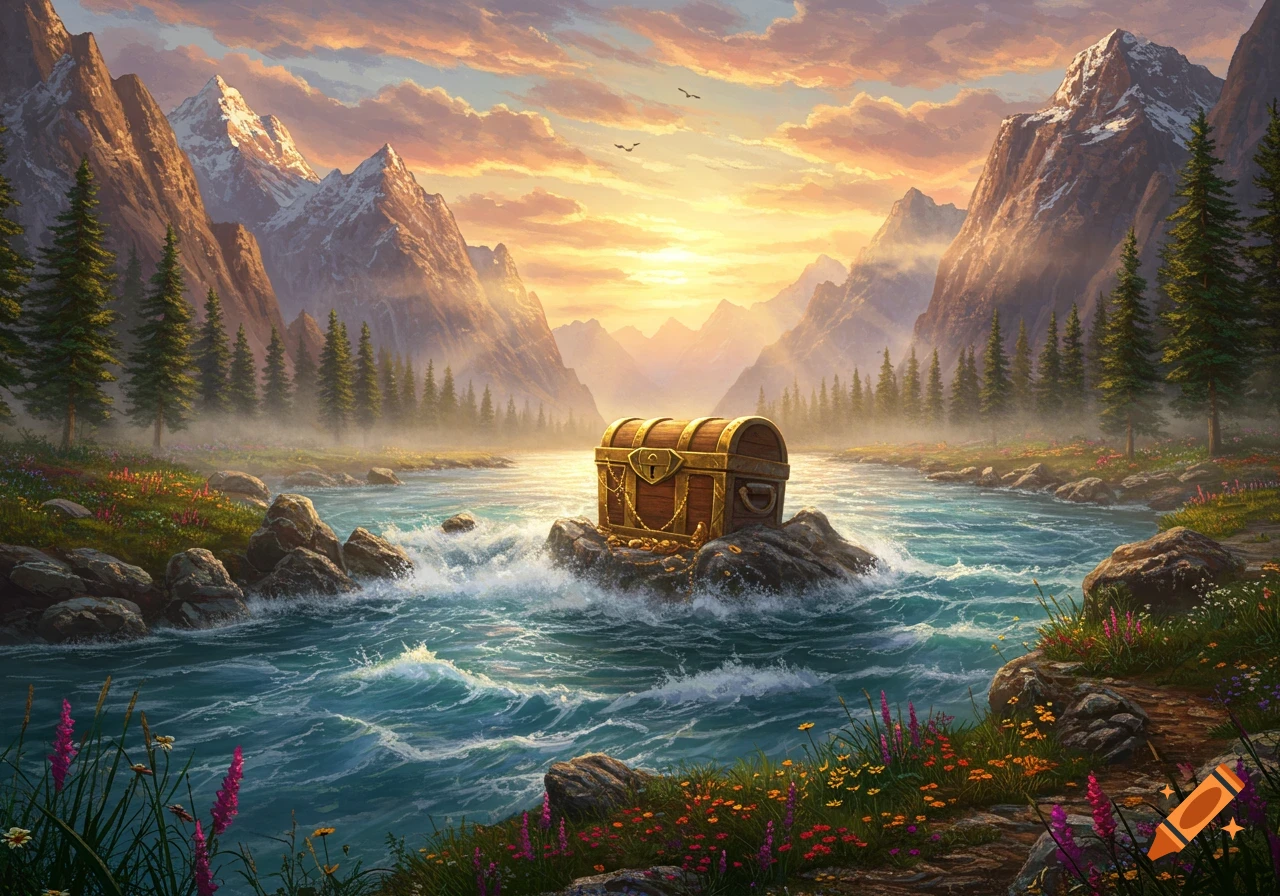 A wooden treasure chest rests on a rock in a rushing mountain river, with vibrant wildflowers and a golden sunset sky, Kinkade style.