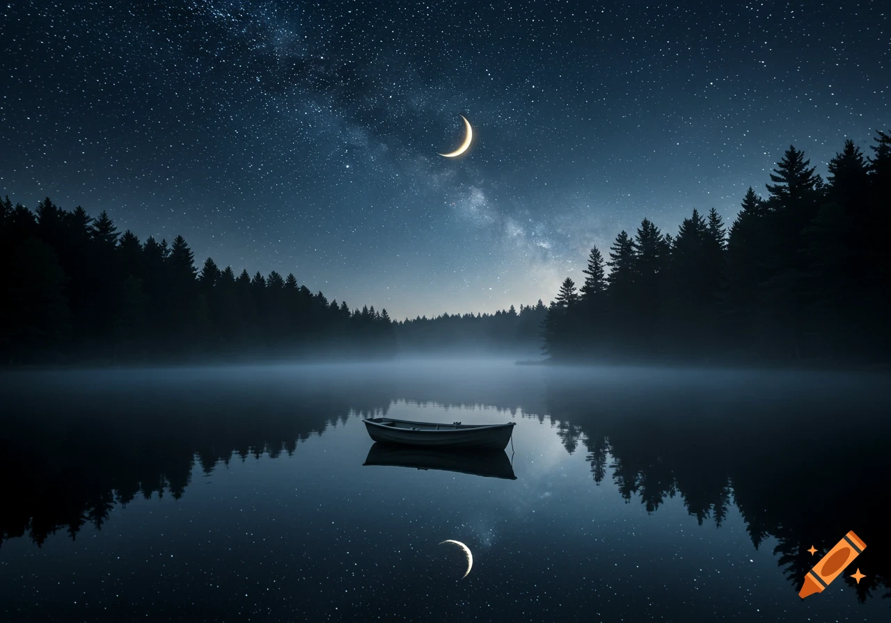 A serene night scene with a crescent moon and stars reflecting on a still lake, bordered by a dark forest, with a small boat floating in the water.