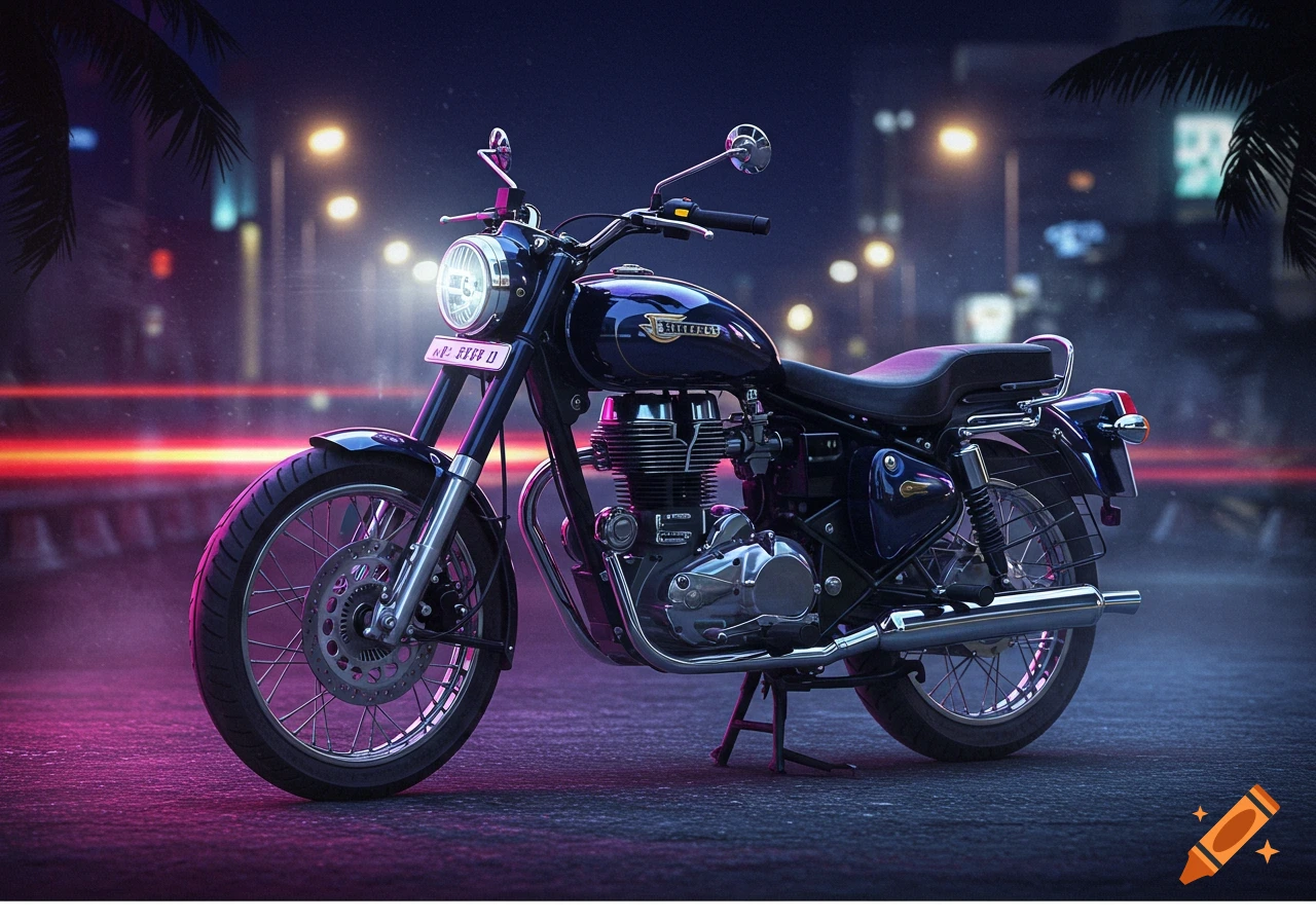 A dark blue classic motorcycle parked on a wet asphalt street at night, illuminated by purple and pink neon lights reflecting off the ground and blurred city lights in the background.