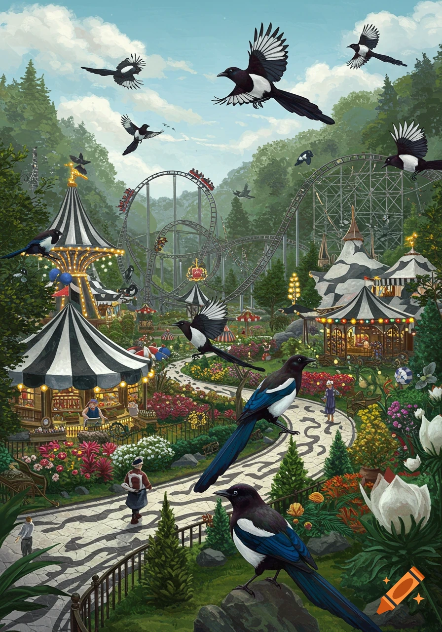A detailed whimsical illustration of a magpie-themed amusement park with striped tents, rides, and colorful gardens.