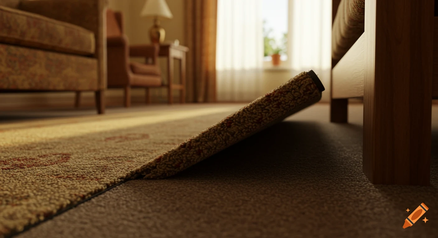 A low-angle, photorealistic shot of a folded carpet edge on the floor in a cozy, traditional room.