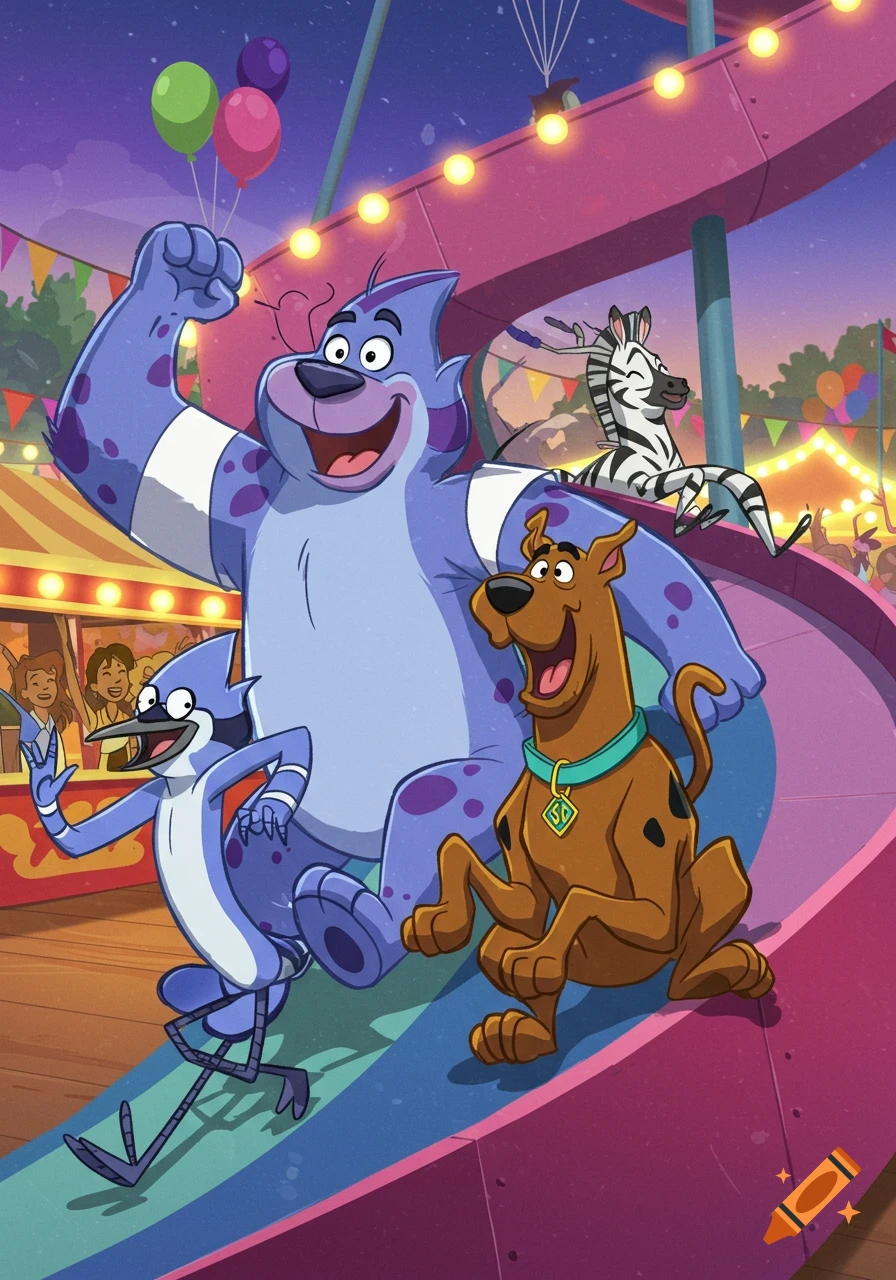 Cartoon characters Scooby-Doo, Mordecai, a blue furry monster, and a zebra slide down a funfair helter skelter at dusk.