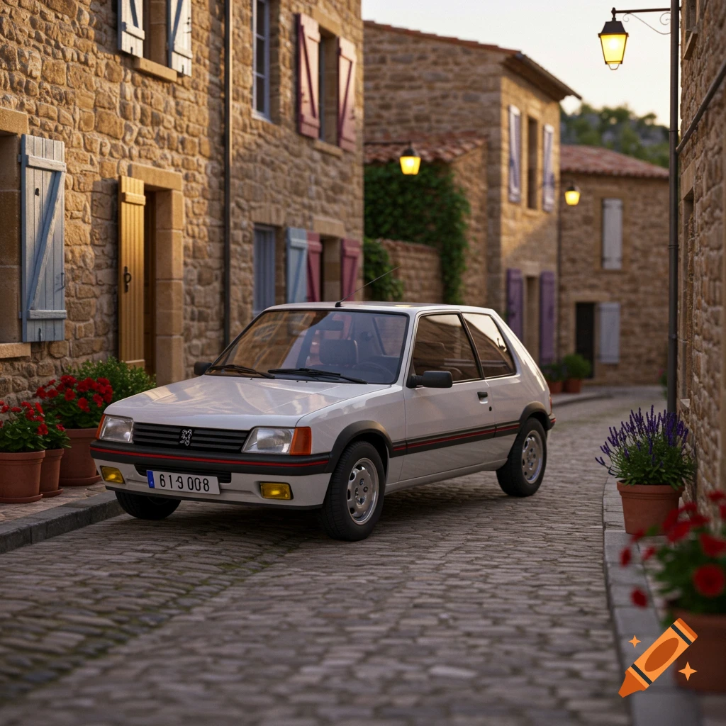 White Peugeot 205 car on a cobblestone street lined with stone buildings in warm evening light.