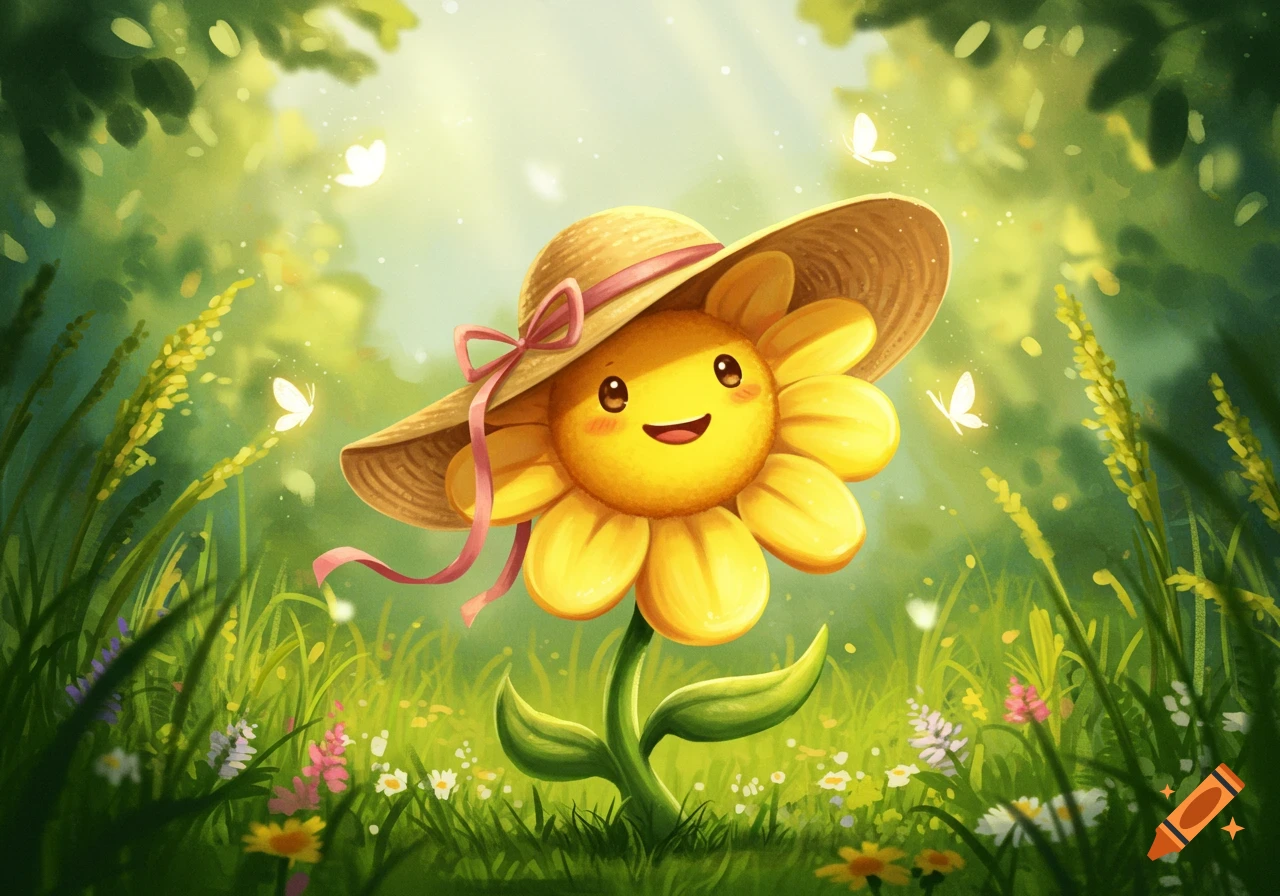 Happy cartoon sunflower wearing a straw hat with a pink ribbon, surrounded by wildflowers and glowing butterflies in a lush green garden.