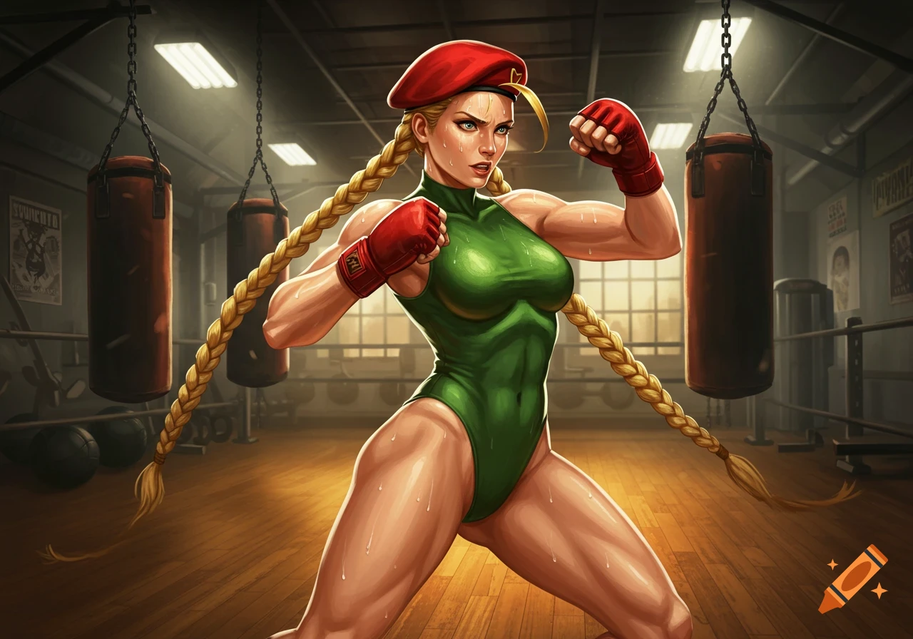 Cammy White, a muscular woman with long blonde braids and a red beret, poses in a green leotard and red boxing gloves in a gym with punching bags.
