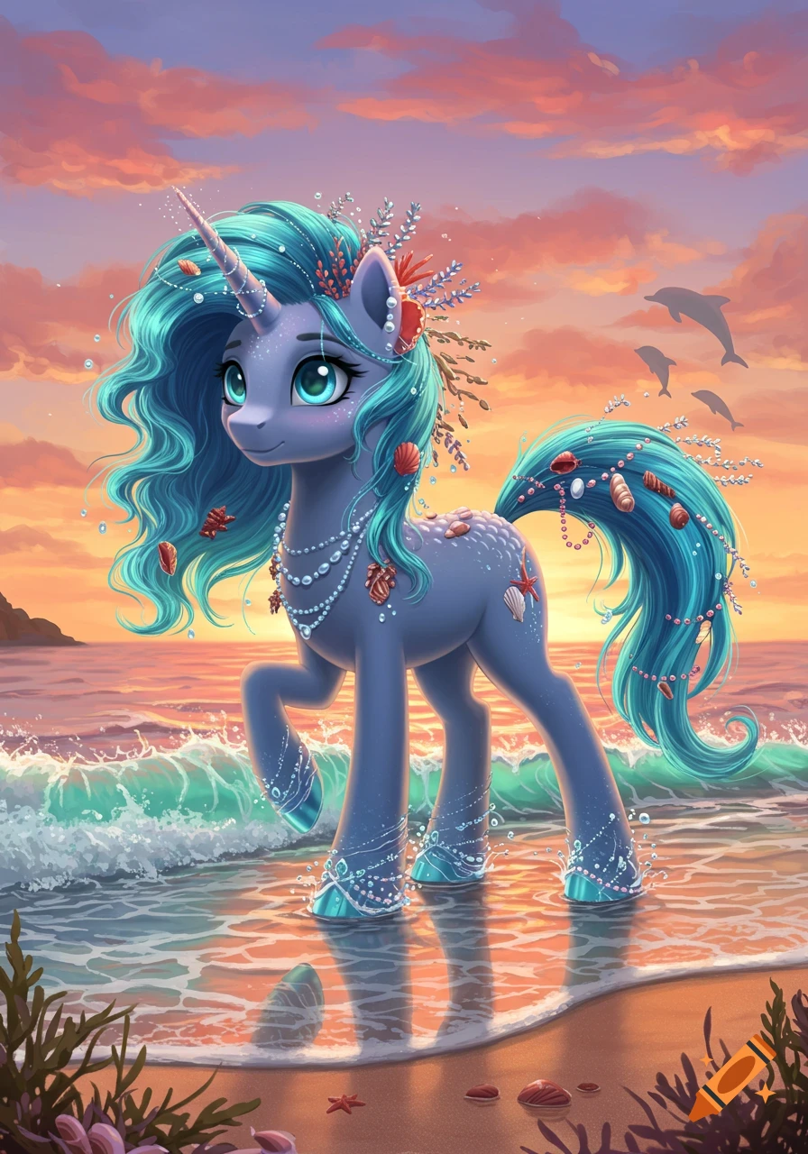 A cute blue unicorn with a flowing turquoise mane and tail, adorned with shells and pearls, stands in shallow ocean water at sunset. Dolphins leap in the colorful sky.