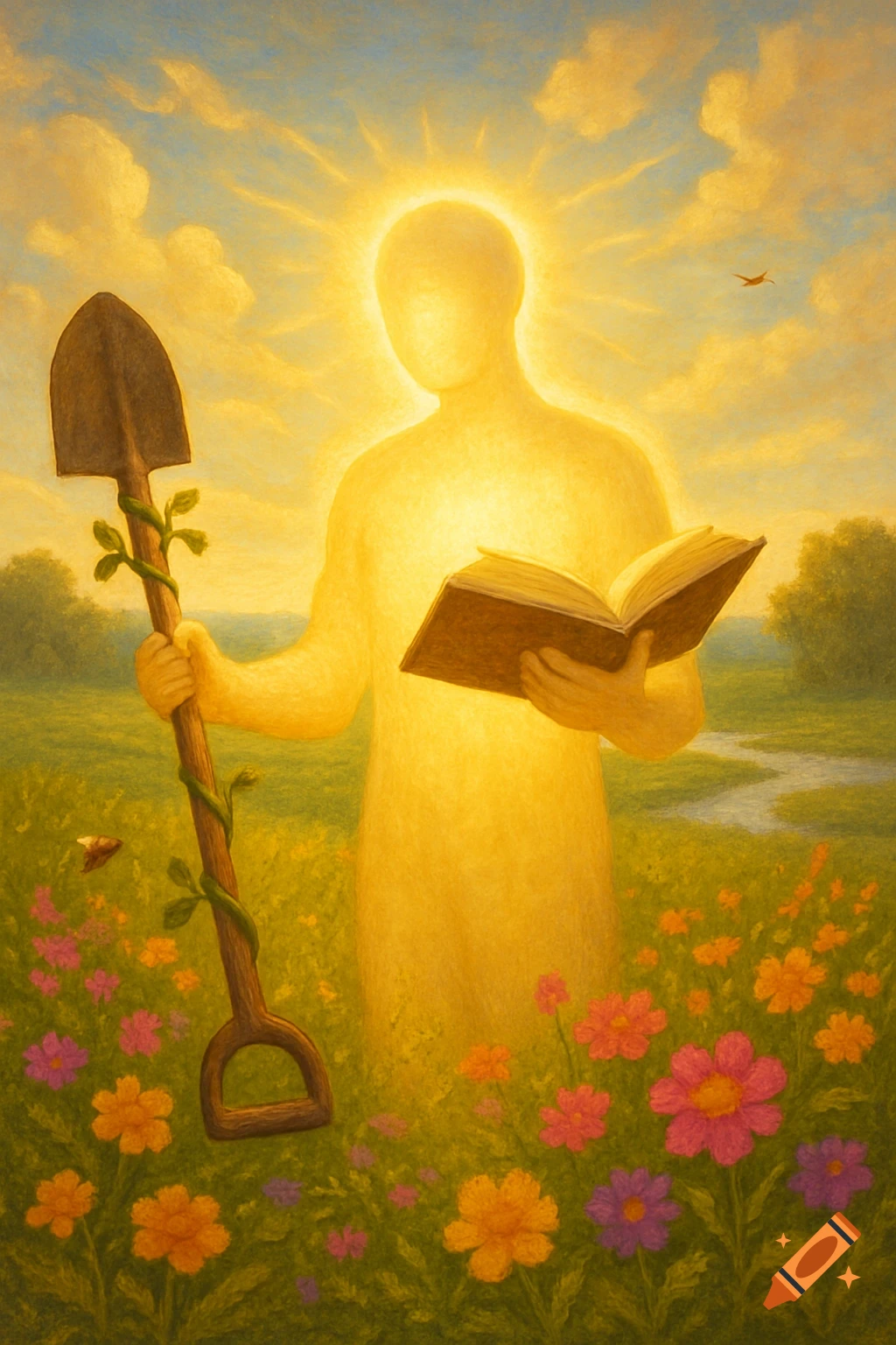 A glowing, faceless figure stands in a flower-filled field under a bright sun, holding a shovel and an open book in a painterly style.