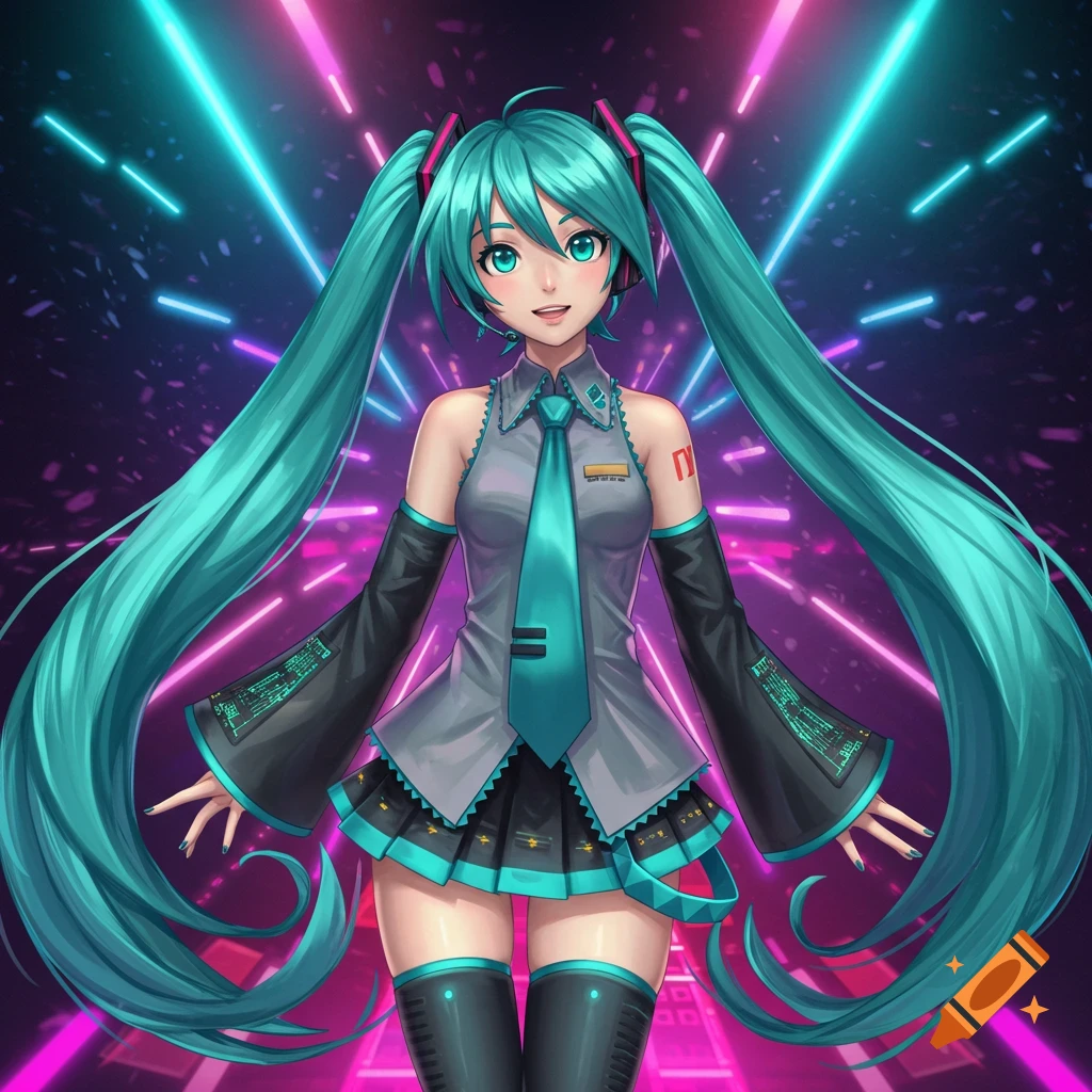 Hatsune Miku with long teal pigtails, a gray and teal outfit, against a vibrant neon pink and blue light background in anime style.