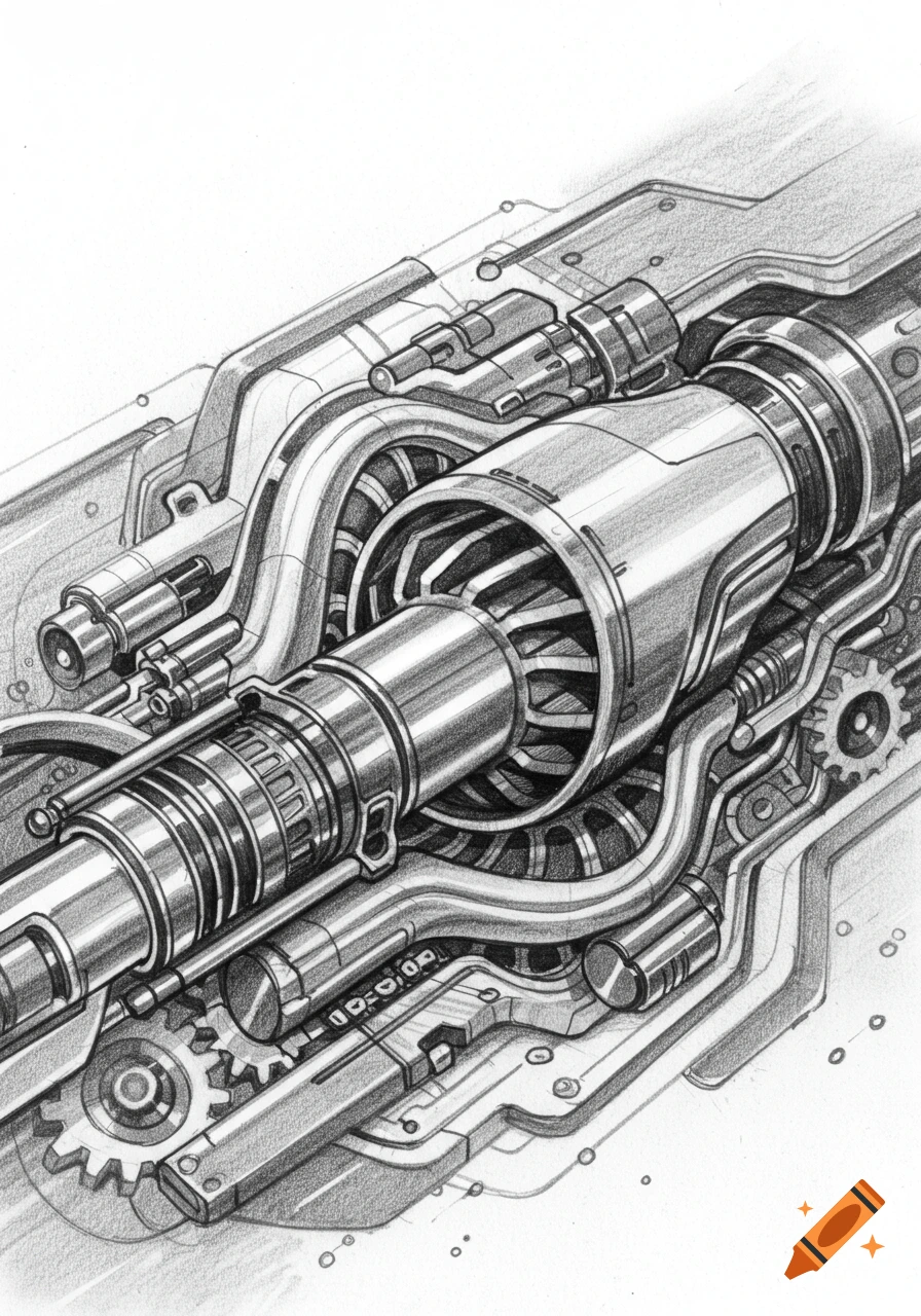 Detailed pencil sketch of intricate machinery with gears, pipes, and metallic components.