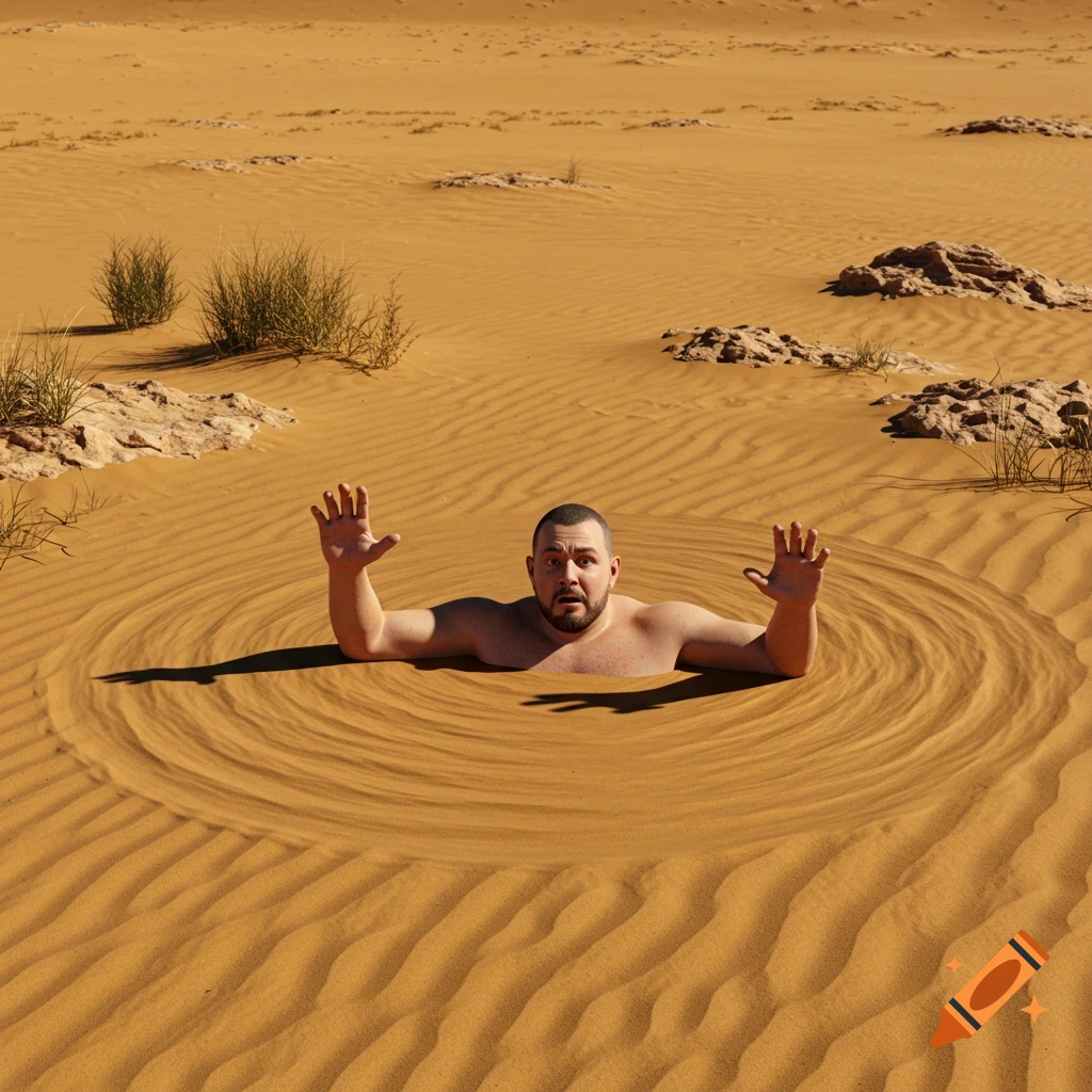 A photorealistic image of a man sinking into a swirling pool of sand in a vast desert, hands raised in alarm.