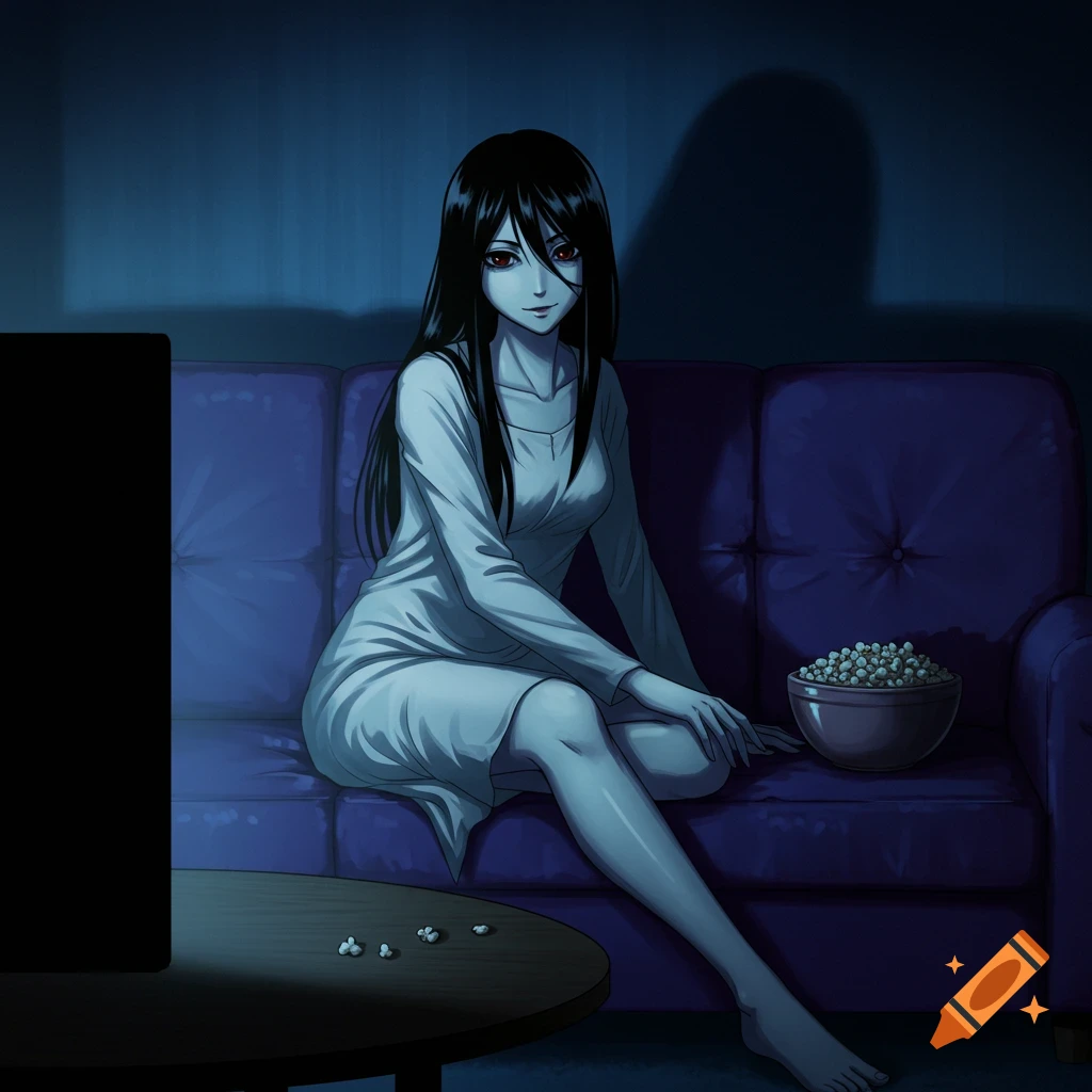 An anime-style ghost woman with long black hair and red eyes sits on a purple couch in a dark blue room, watching an offscreen TV with a bowl of popcorn.