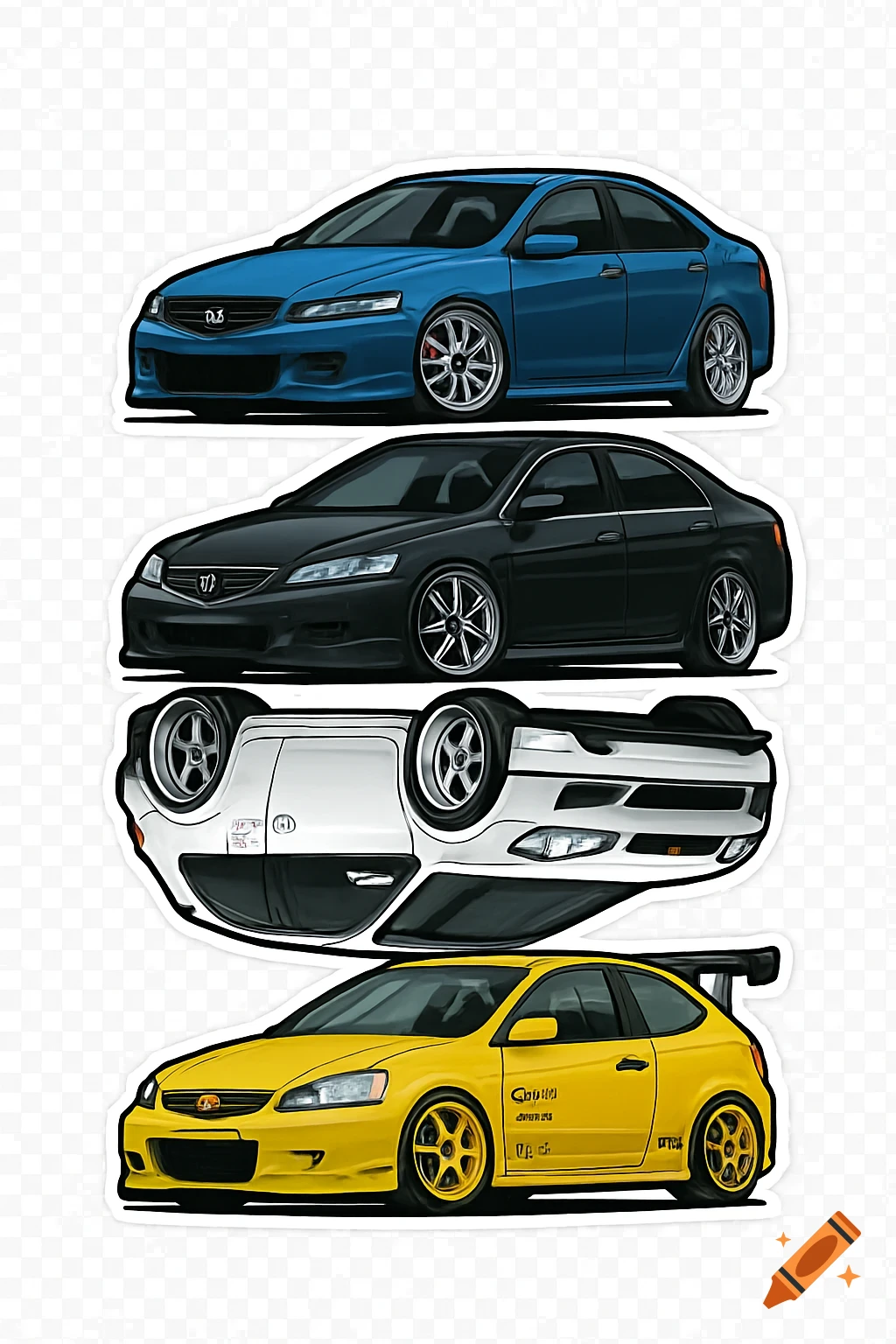 Four stylized JDM and VIP cars, including blue and black sedans and white and yellow hatchbacks, stacked vertically on a transparent background.