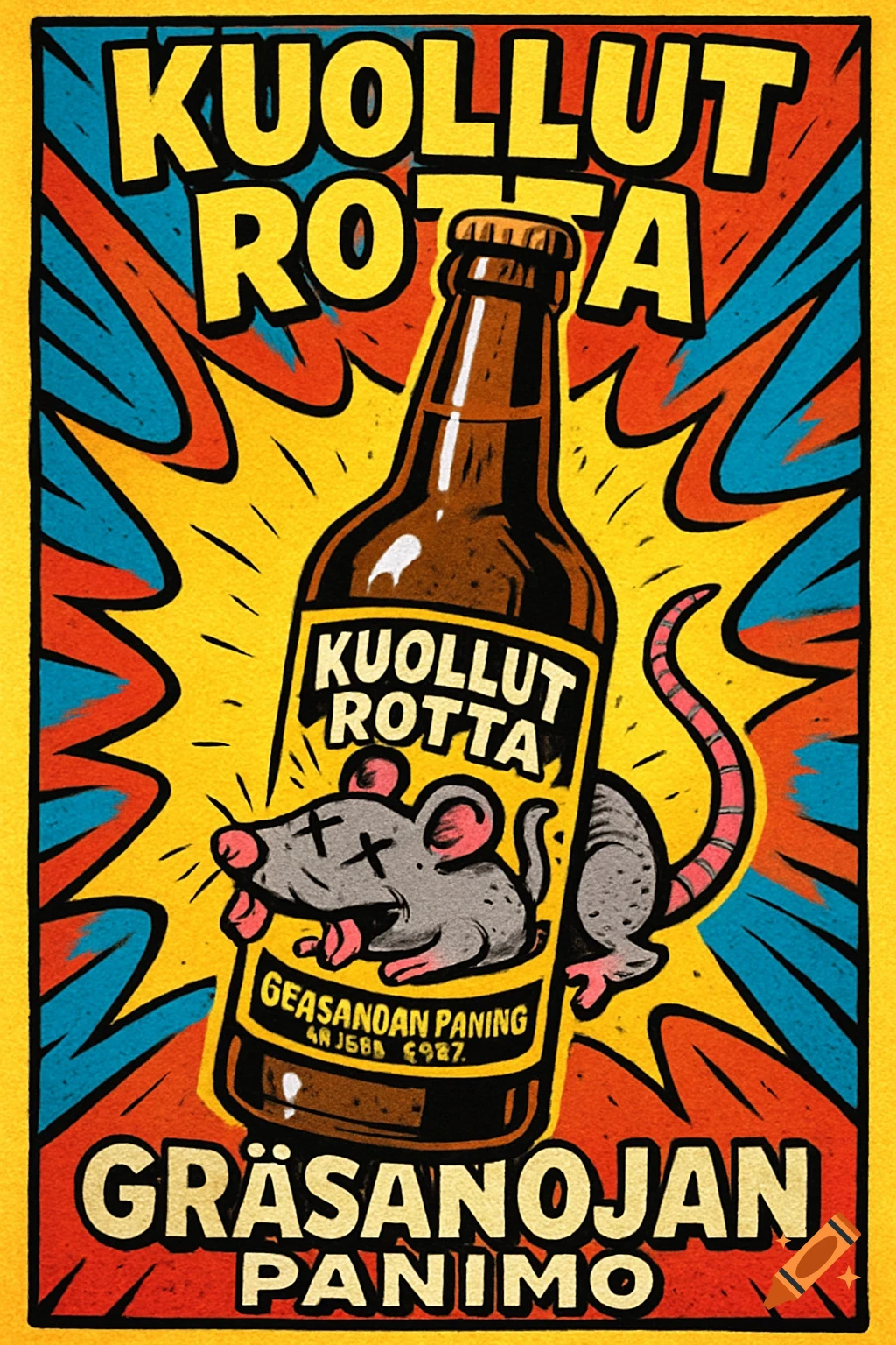A vibrant comic-style poster for "Kuollut Rotta" beer, featuring a bottle with a label showing a whimsical dead rat, on a background of yellow, red, and blue starbursts. Text "Kuollut Rotta" and "Gräsanojan Panimo" is prominent.