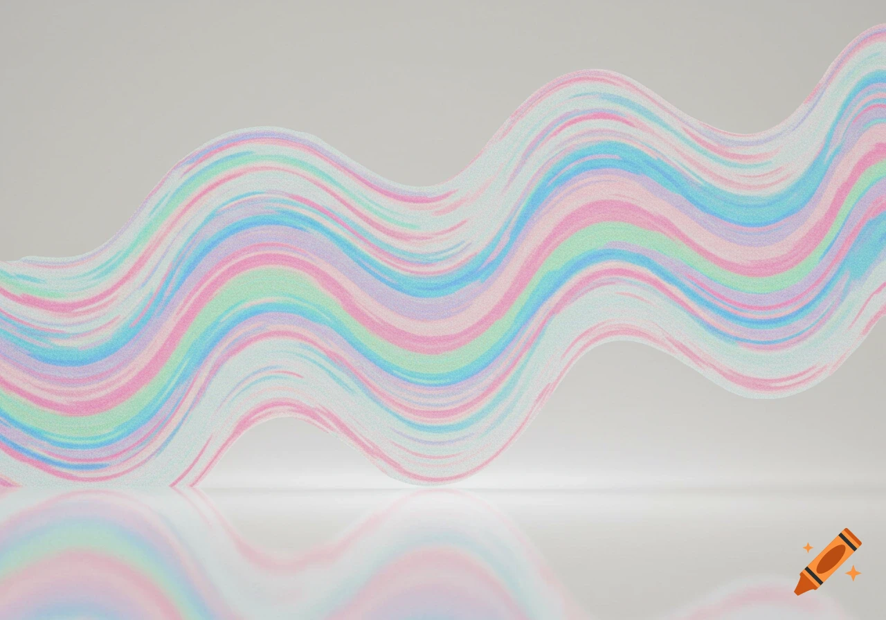 A wavy, horizontal band of pastel colored brushstrokes with a TV static texture, reflected on a shiny surface.