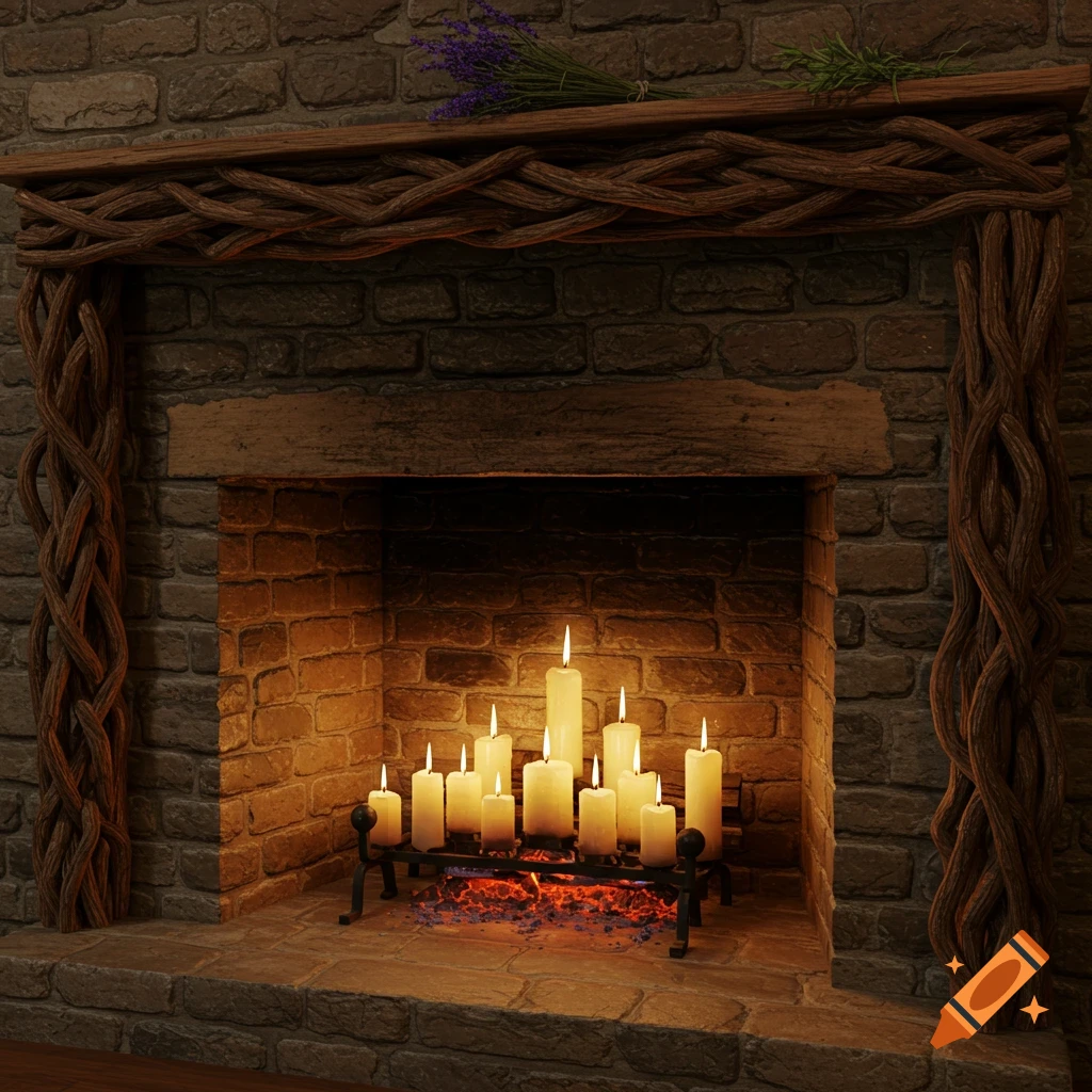 A colonial-style brick fireplace framed by intertwined natural branches, with multiple lit white candles sitting in the firebox. A bundle of lavender is on the mantelpiece.