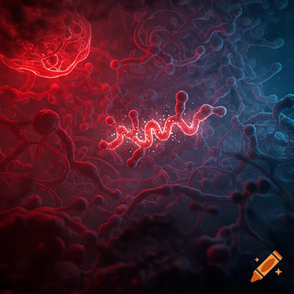 Detailed microscopic view of a glowing red helical biological structure surrounded by other interconnected red and blue cellular forms.