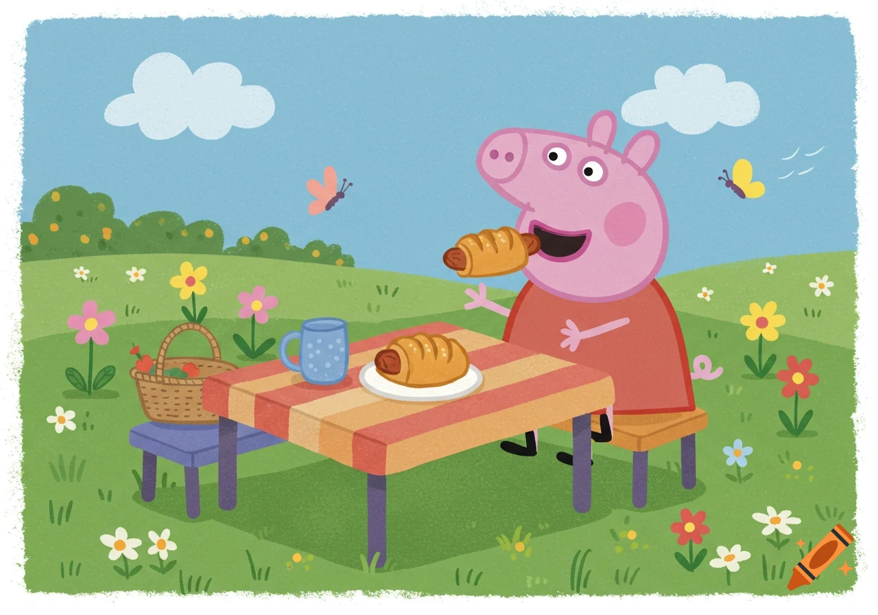 Peppa Pig, a pink cartoon pig, sits at a picnic table eating a sausage roll in a field of flowers under a blue sky.