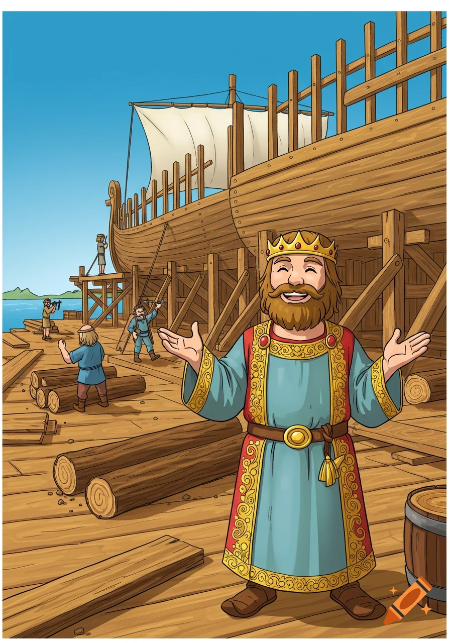Cartoon illustration of a smiling King Alfred, dressed in royal robes, standing on a wooden dock with workers building a large wooden ship in the background.