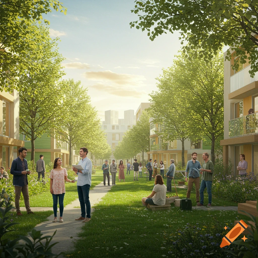 Diverse people gather in a modern green urban park surrounded by residential buildings, symbolizing community living.