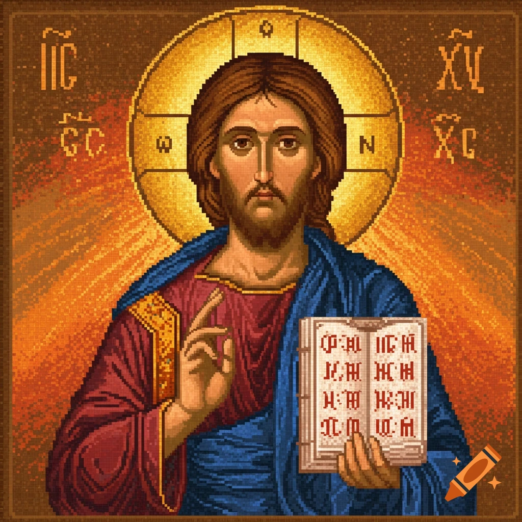 Pixel art icon of Jesus Christ, depicted as Pantocrator, with a halo, holding an open book, and surrounded by religious text.