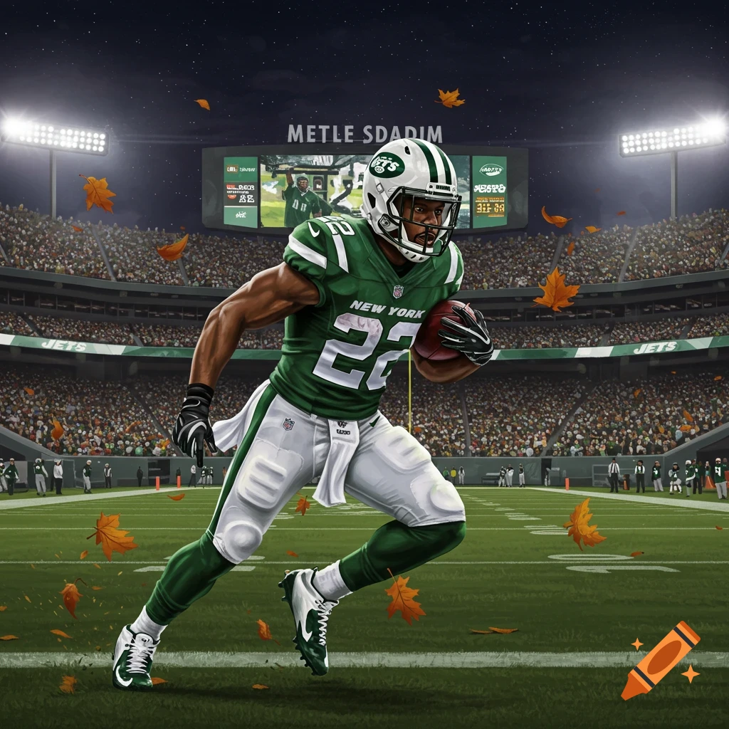 An illustration of an American football player in a green New York Jets uniform running with a ball on a stadium field at night with autumn leaves.