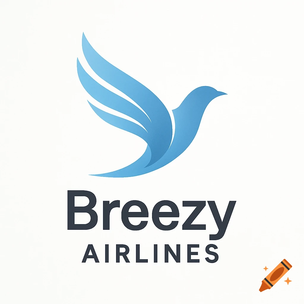 A modern logo featuring a stylized blue bird in flight above the words 'Breezy AIRLINES' in dark gray on a white background.