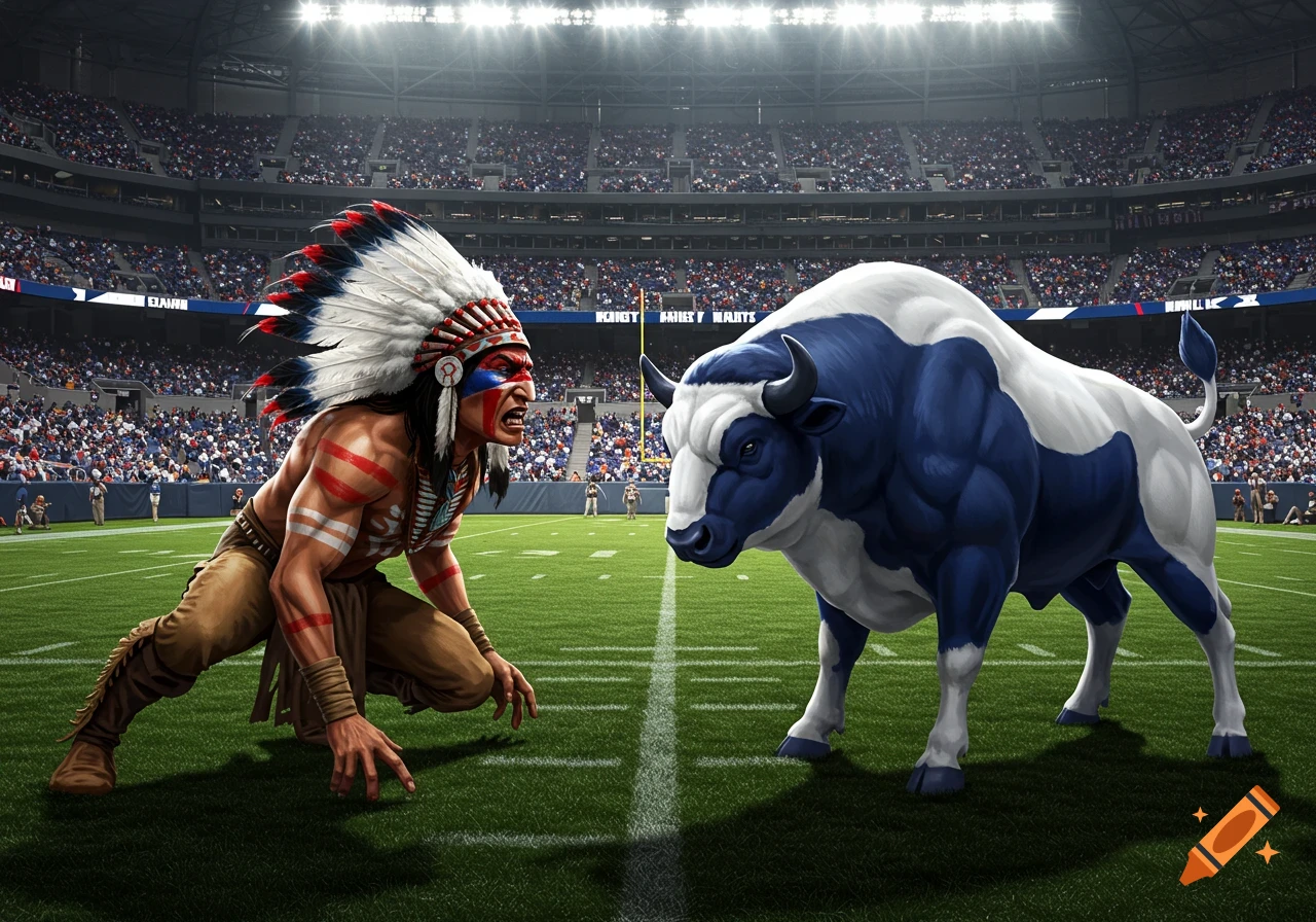 A stylized Indigenous chief and a blue and white bull confront each other on a football field in a packed stadium.