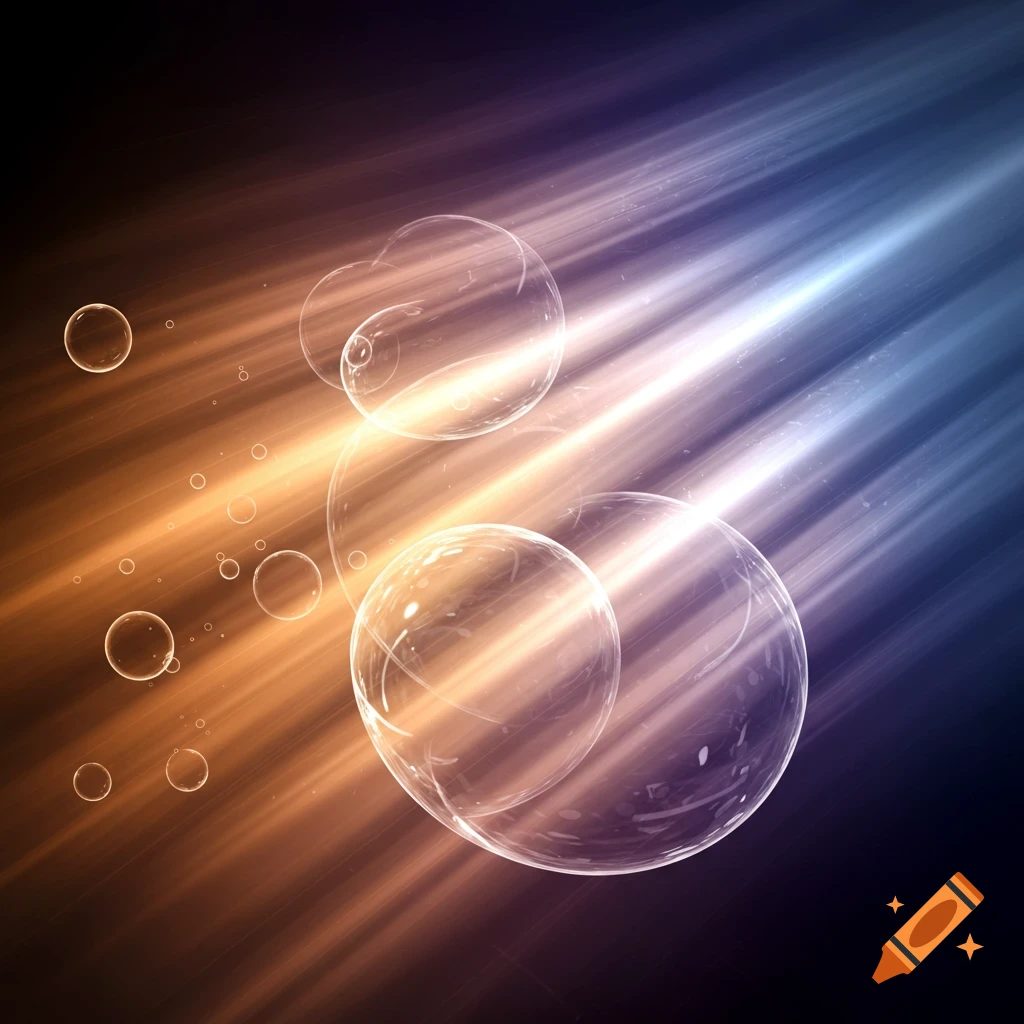 Abstract background with glowing orange and blue light rays and transparent bubbles floating.