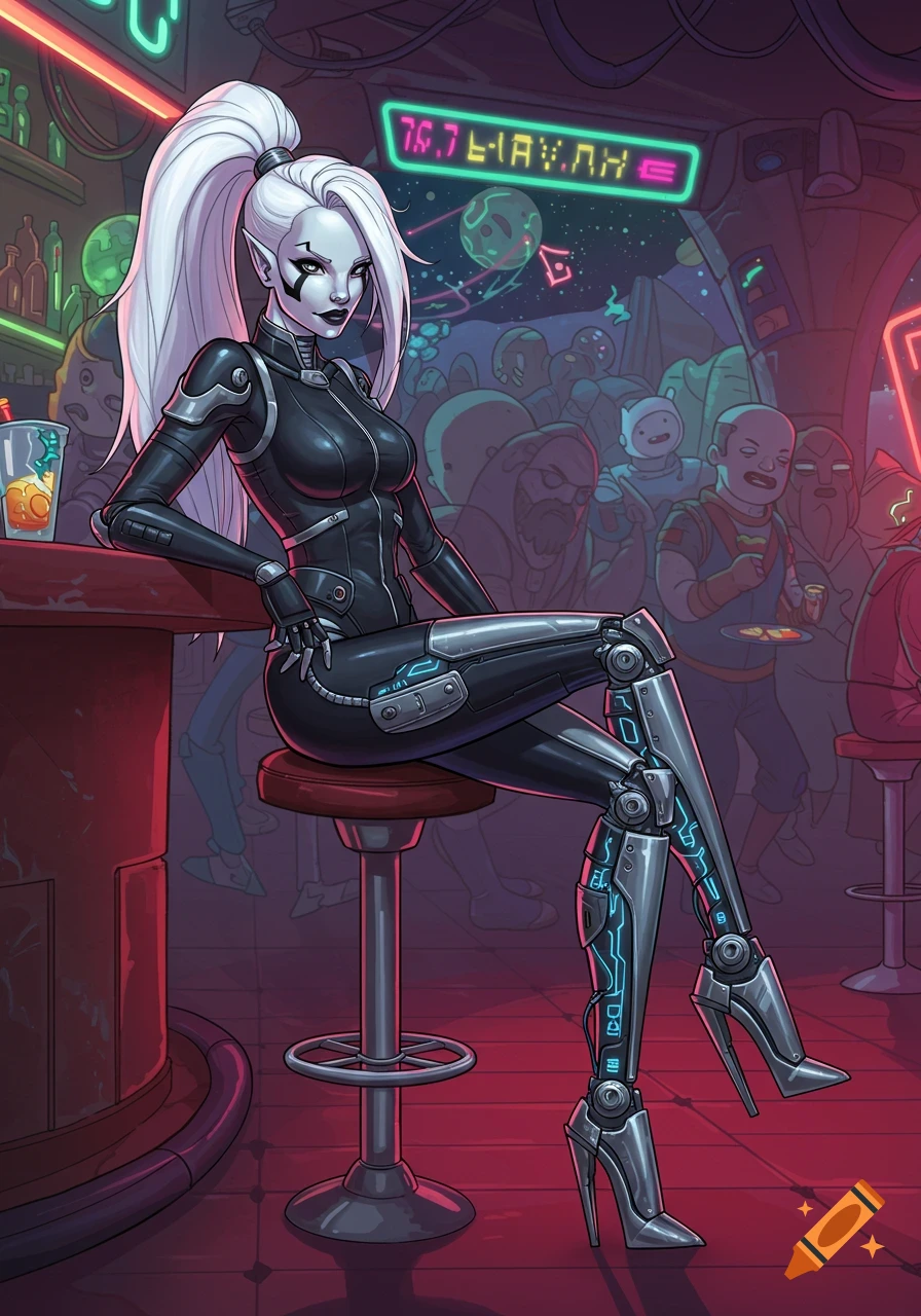 A grey-skinned, white-haired sci-fi woman with robotic legs in a black suit sits at a bar in a neon-lit space cantina, in an Adventure Time style.