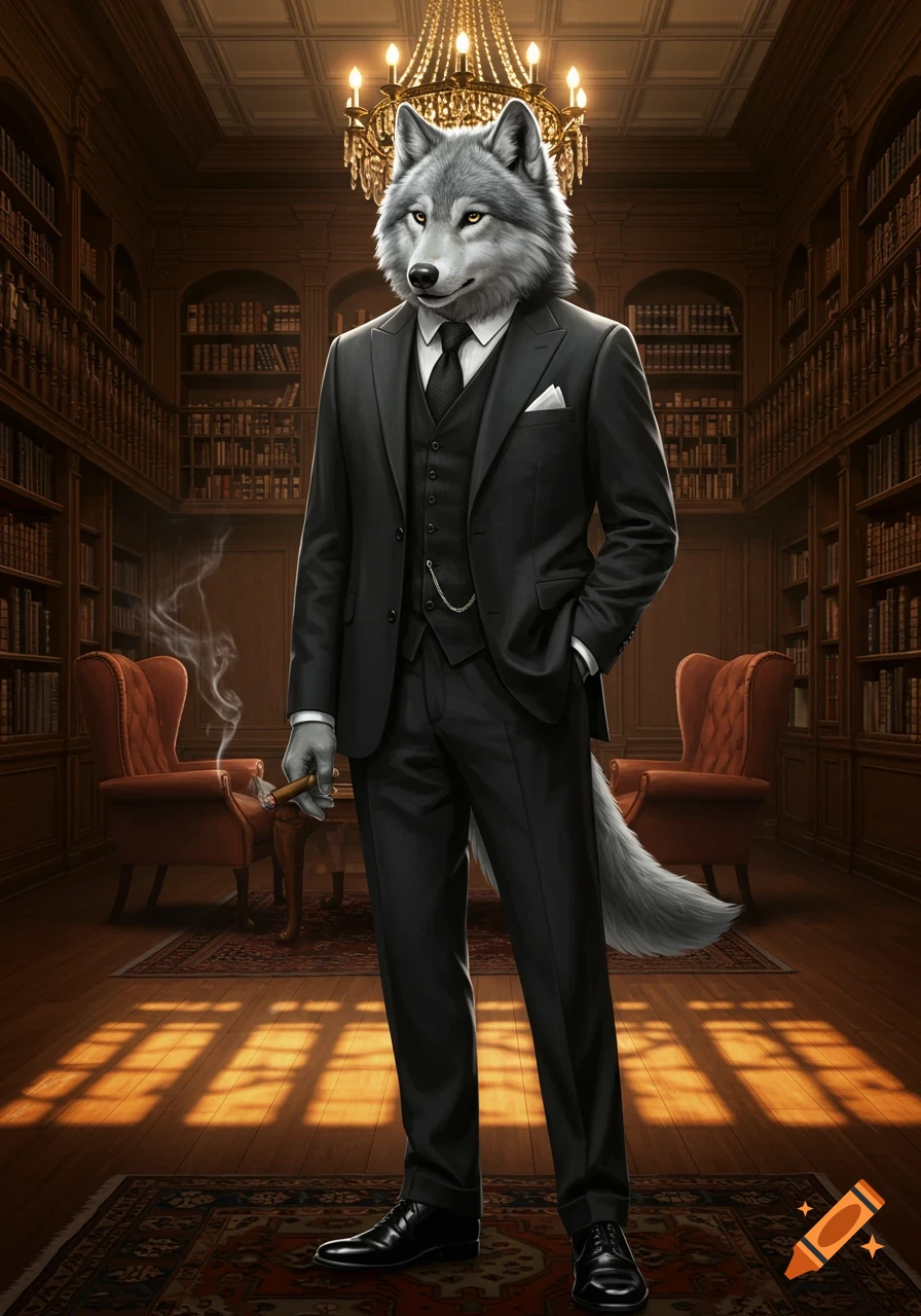 A photorealistic grey wolf in a black suit and waistcoat stands in an opulent, dimly lit library, holding a lit cigar.