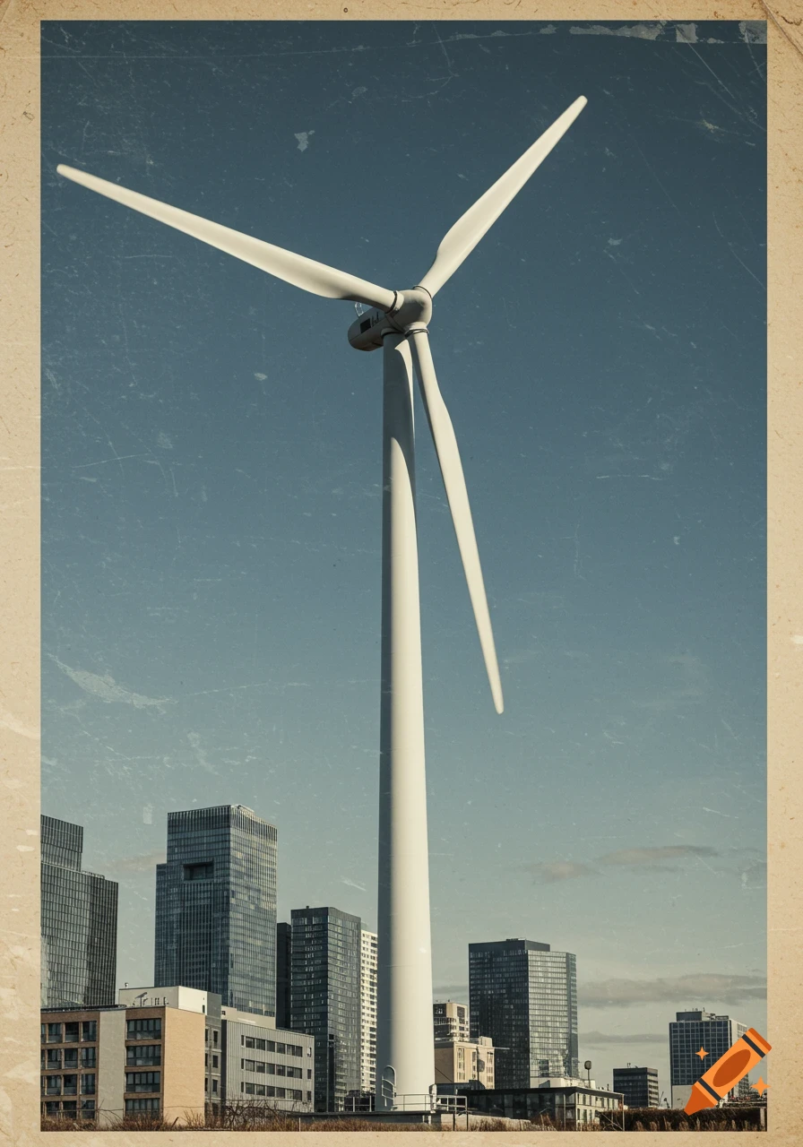 A white wind turbine stands tall against a city skyline under a blue sky, featuring a grunge and sand-paper texture.